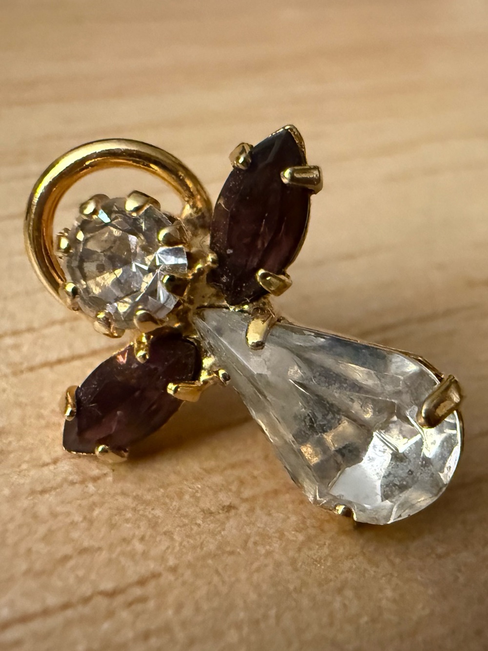 Vintage January Gold-Tone Clear and Deep Purple Teardrop Australian Crystal
